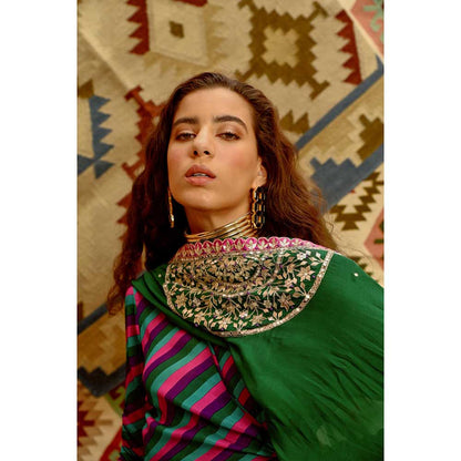 PALLAVI JAIPUR Multi-Color Indi-Leheriya Wrap Angarkha with Pant and Dupatta (Set of 3)