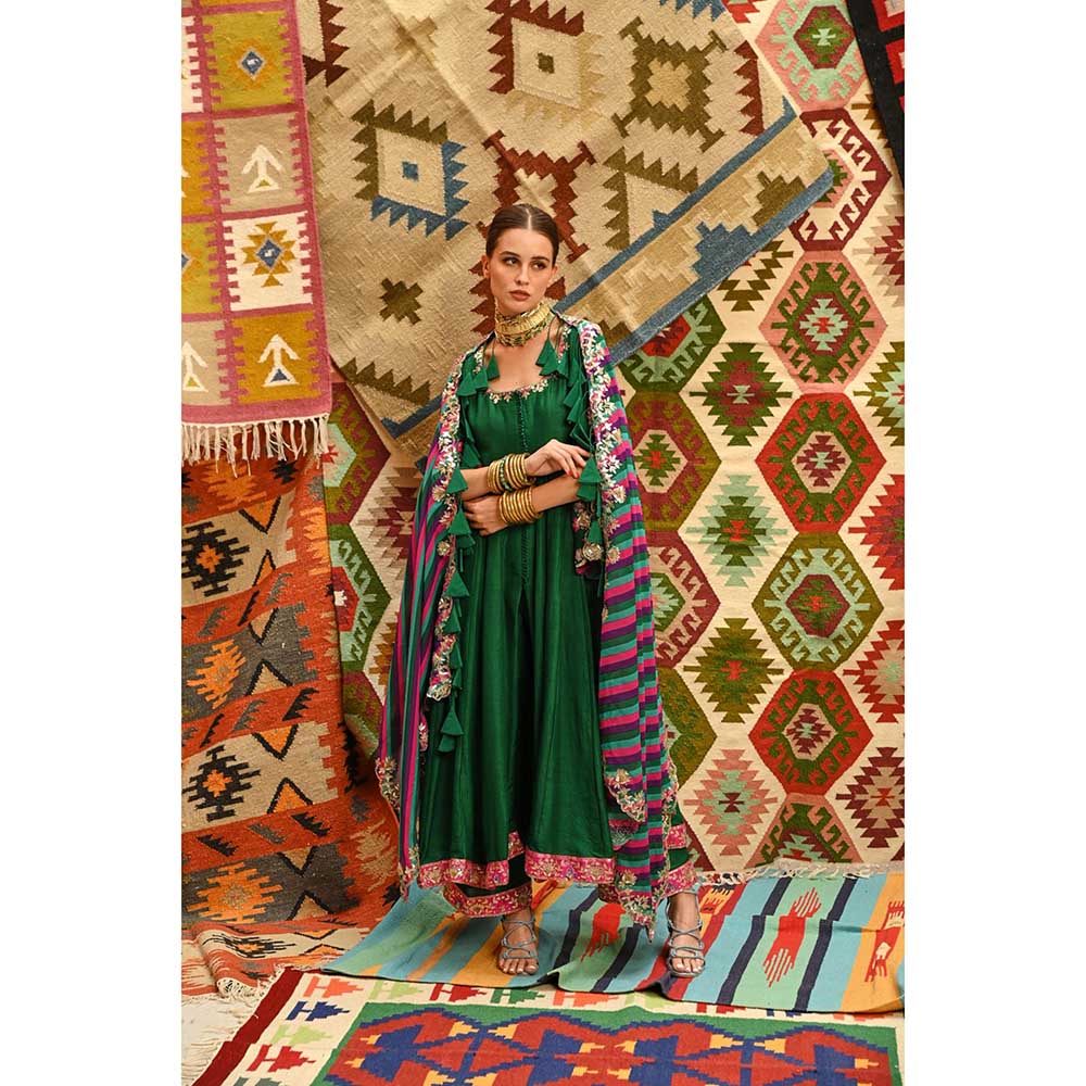 PALLAVI JAIPUR Green Slit Sleeve Anarkali with Multi-Color Dupatta and Pant (Set of 3)