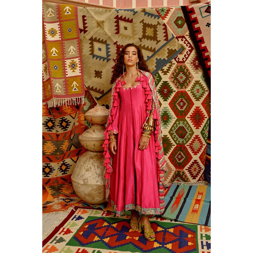 PALLAVI JAIPUR Hot Pink Slit Sleeve Anarkali with Hot Pink Dupatta and Pant (Set of 3)