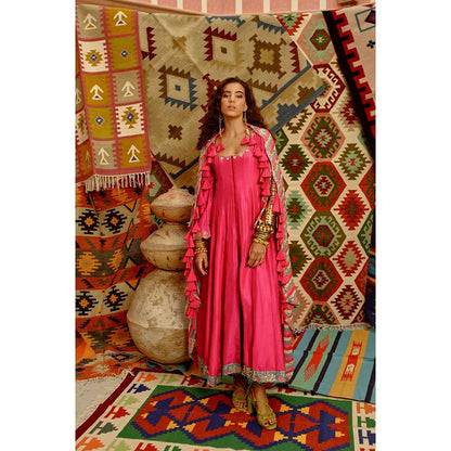PALLAVI JAIPUR Hot Pink Slit Sleeve Anarkali with Hot Pink Dupatta and Pant (Set of 3)