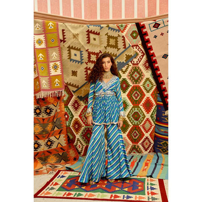 PALLAVI JAIPUR Cobalt Blue Treasure Tunic Sharara with Dupatta and Belt (Set of 4)