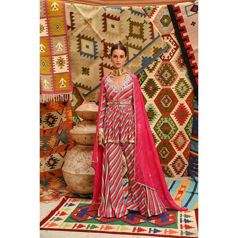 PALLAVI JAIPUR Hot Pink Treasure Tunic Sharara with Dupatta and Belt (Set of 4)