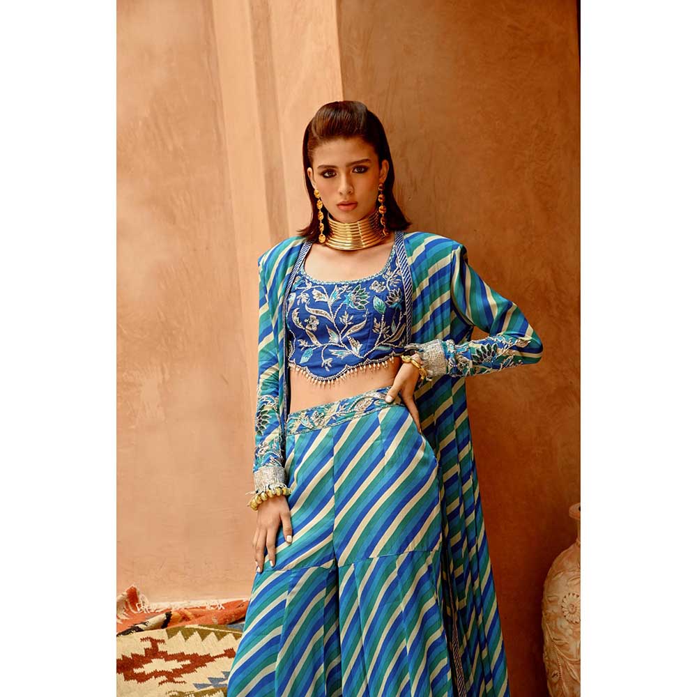PALLAVI JAIPUR Blue Indi-Leheriya Kallidar Jacket with Sharara and Scallop Crop Top (Set of 3)