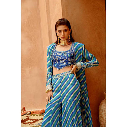 PALLAVI JAIPUR Blue Indi-Leheriya Kallidar Jacket with Sharara and Scallop Crop Top (Set of 3)