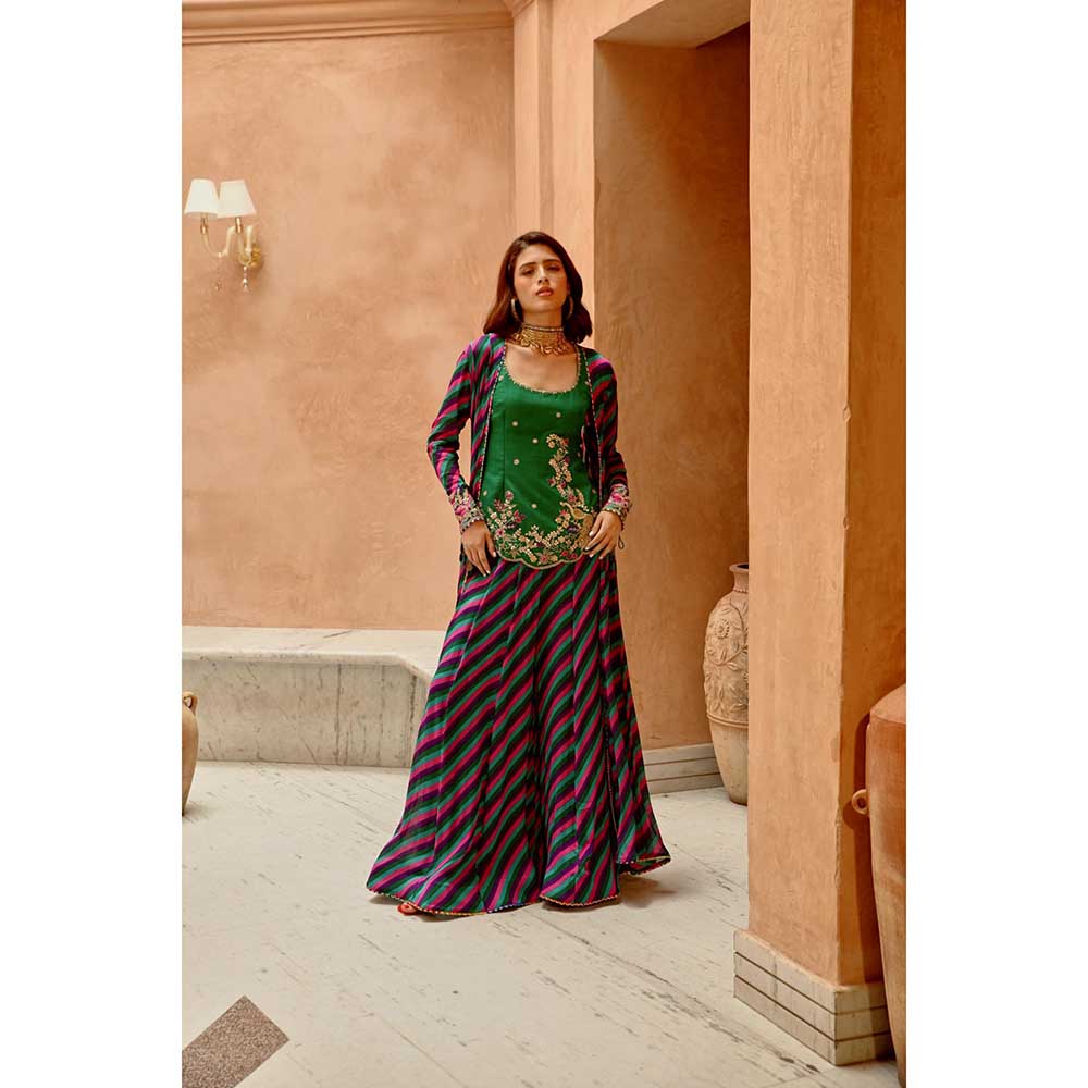 PALLAVI JAIPUR Multi Color Indie-Leheriya Kali Jacket and Sharara with Kurti (Set of 3)