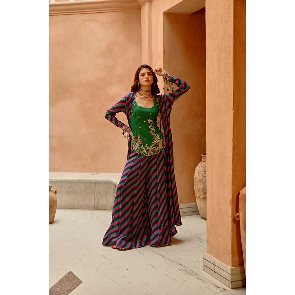 PALLAVI JAIPUR Multi Color Indie-Leheriya Kali Jacket and Sharara with Kurti (Set of 3)