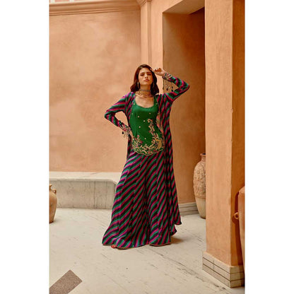 PALLAVI JAIPUR Multi Color Indie-Leheriya Kali Jacket and Sharara with Kurti (Set of 3)