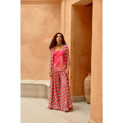 PALLAVI JAIPUR Hot Pink Indie-Leheriya Kali Jacket and Sharara with Heritage Kurti (Set of 3)