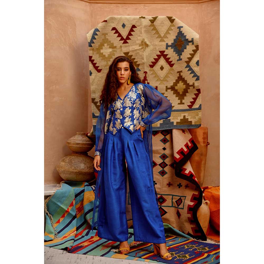 PALLAVI JAIPUR Azure Blue Sheer Jacket with Waist Coat and Papa Pant (Set of 3)