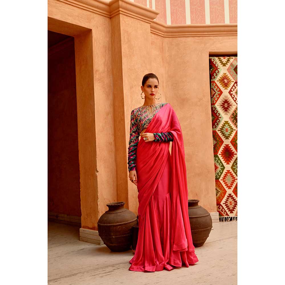 PALLAVI JAIPUR Hot Pink Drape Saree with Queen Stitched Blouse
