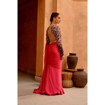 PALLAVI JAIPUR Hot Pink Drape Saree with Queen Stitched Blouse