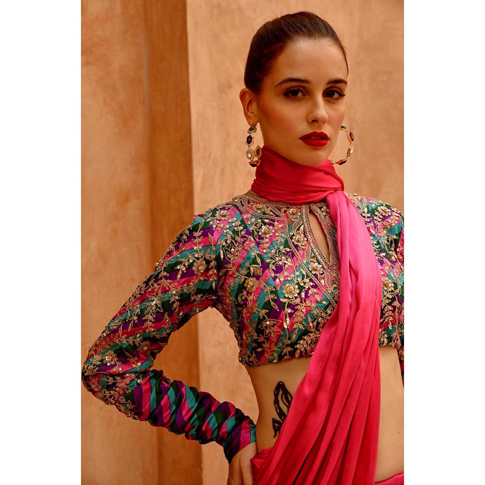 PALLAVI JAIPUR Hot Pink Drape Saree with Queen Stitched Blouse