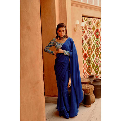 PALLAVI JAIPUR Cobalt Blue Drape Saree with Princess Stitched Blouse