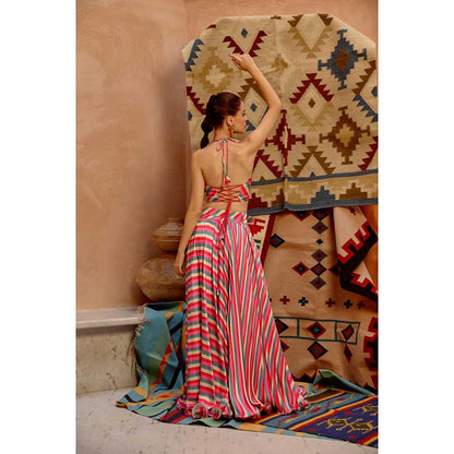 PALLAVI JAIPUR Hot Pink Indi-Leheriya Crop Blazer with Halter Top and Flared Skirt (Set of 3)