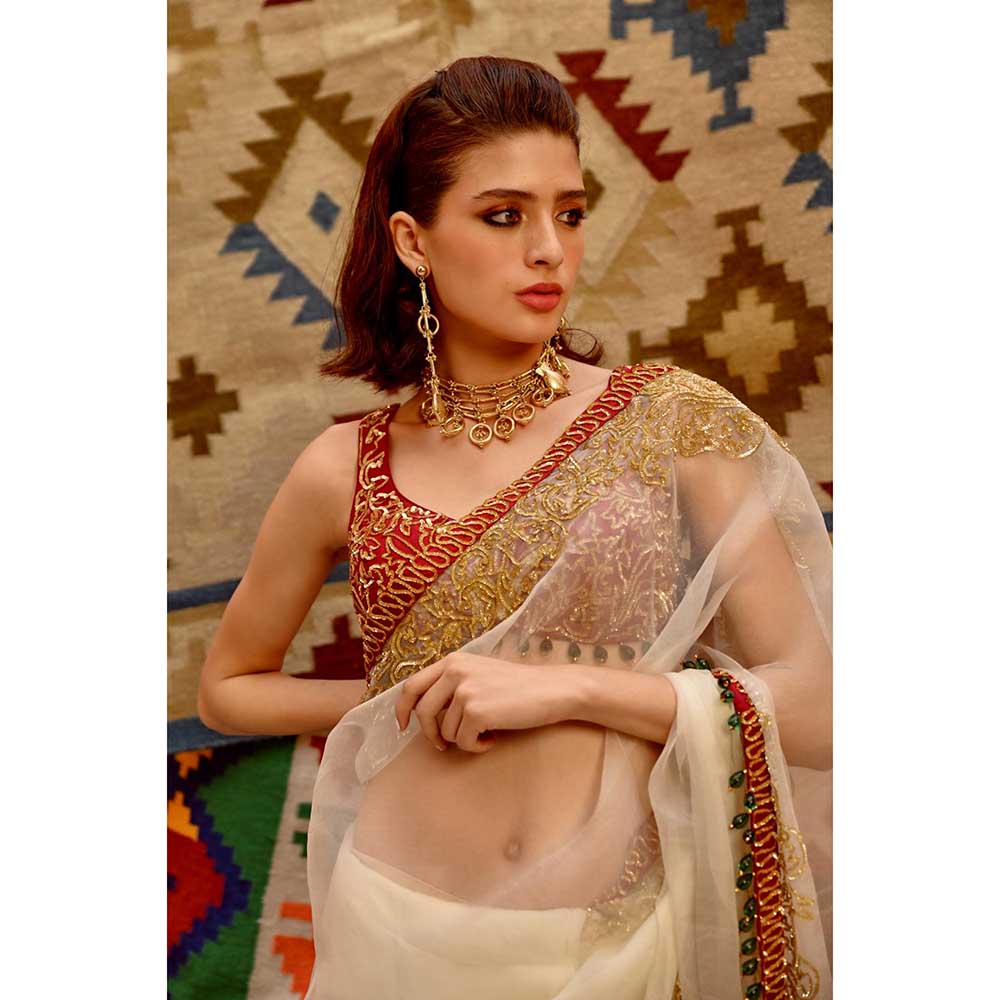 PALLAVI JAIPUR Fawn Queen Saree with Beetroot Sleeveless Tie-Up Stitched Blouse