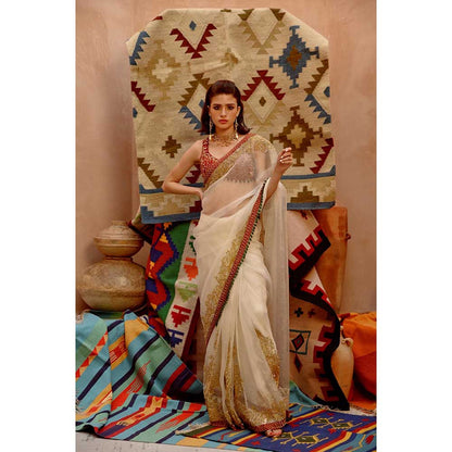 PALLAVI JAIPUR Fawn Queen Saree with Beetroot Sleeveless Tie-Up Stitched Blouse