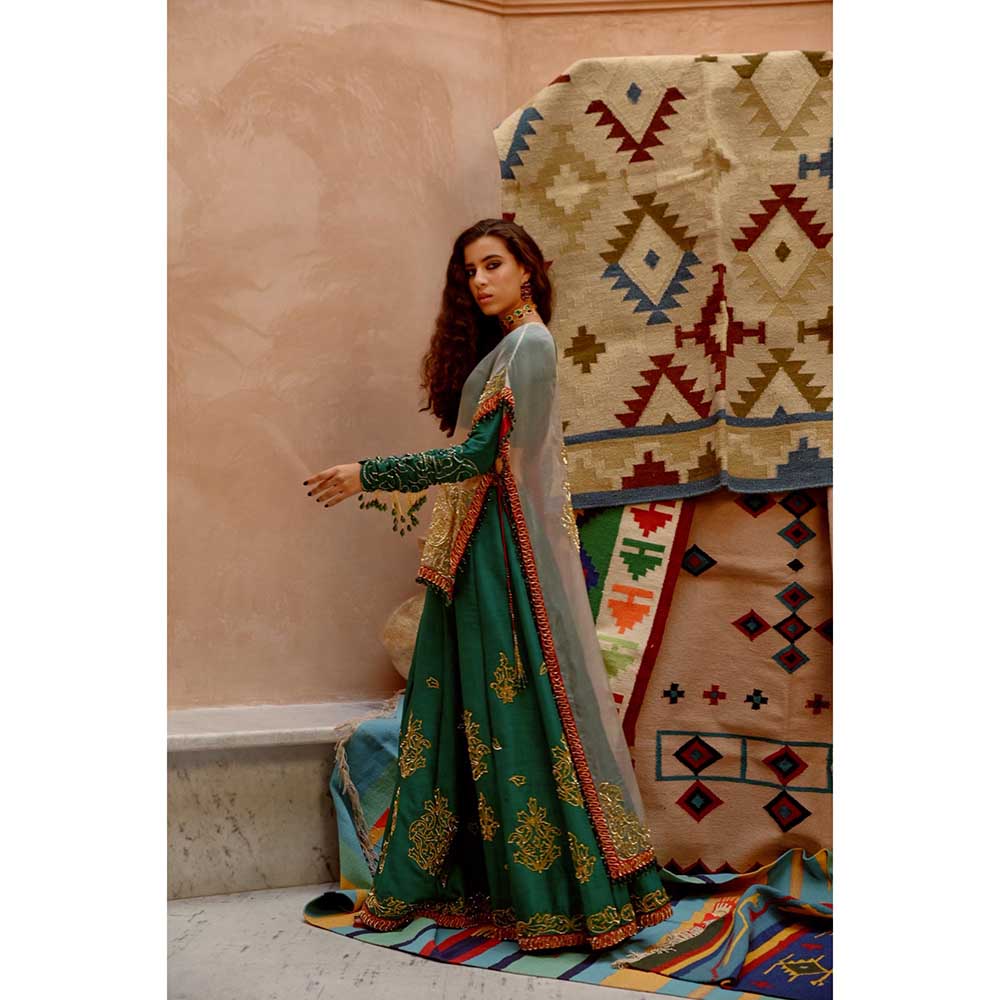 PALLAVI JAIPUR Fawn Sheer Sac Cape with Full Sleeve Blouse and Sharara (Set of 3)