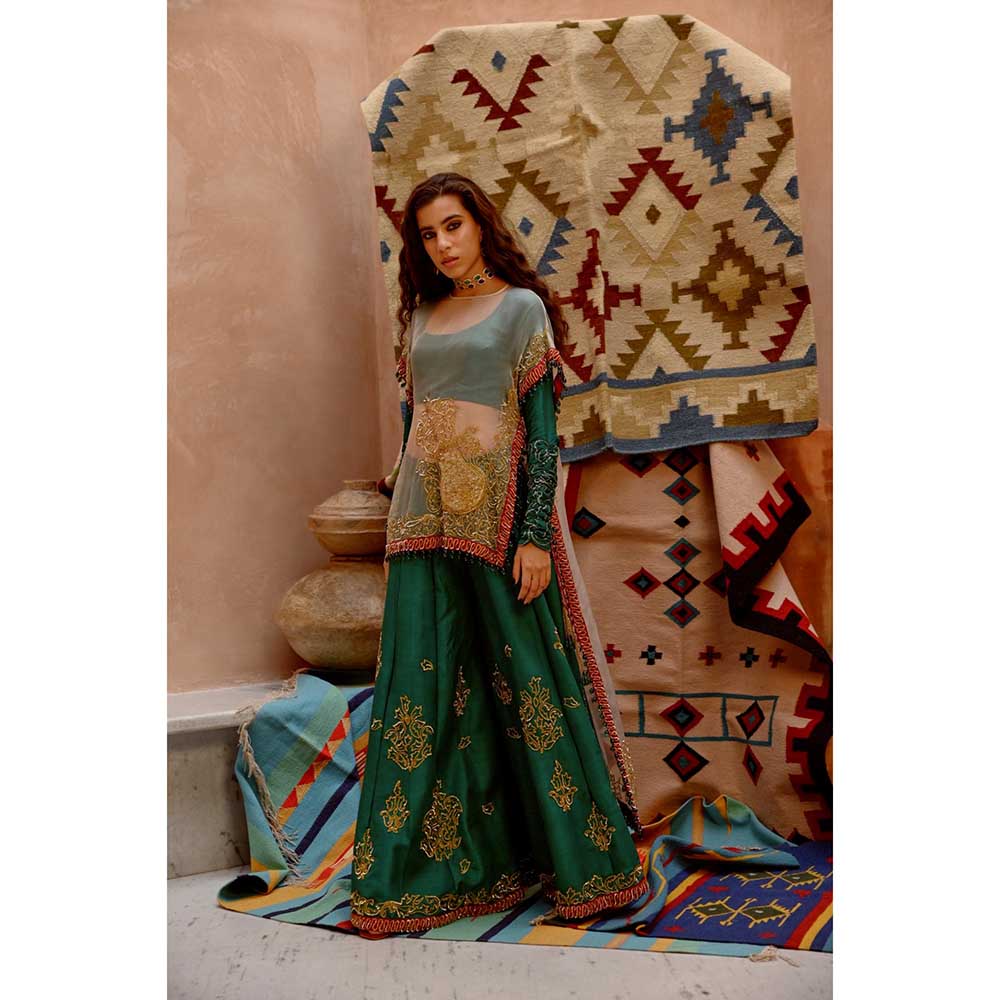 PALLAVI JAIPUR Fawn Sheer Sac Cape with Full Sleeve Blouse and Sharara (Set of 3)