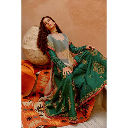 PALLAVI JAIPUR Fawn Sheer Sac Cape with Full Sleeve Blouse and Sharara (Set of 3)