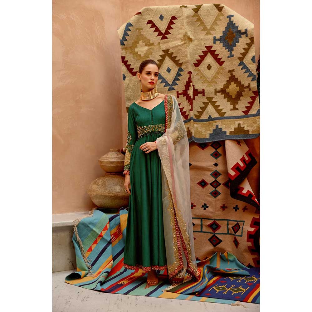 PALLAVI JAIPUR Emerald Green Anarkali Pant and Dupatta (Set of 3)