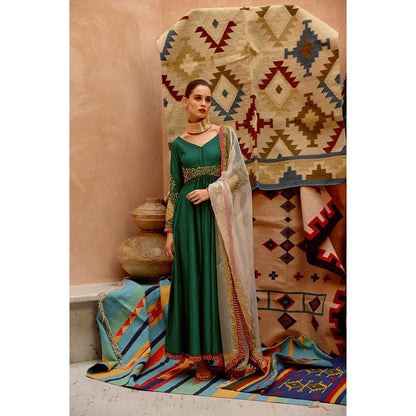 PALLAVI JAIPUR Emerald Green Anarkali Pant and Dupatta (Set of 3)