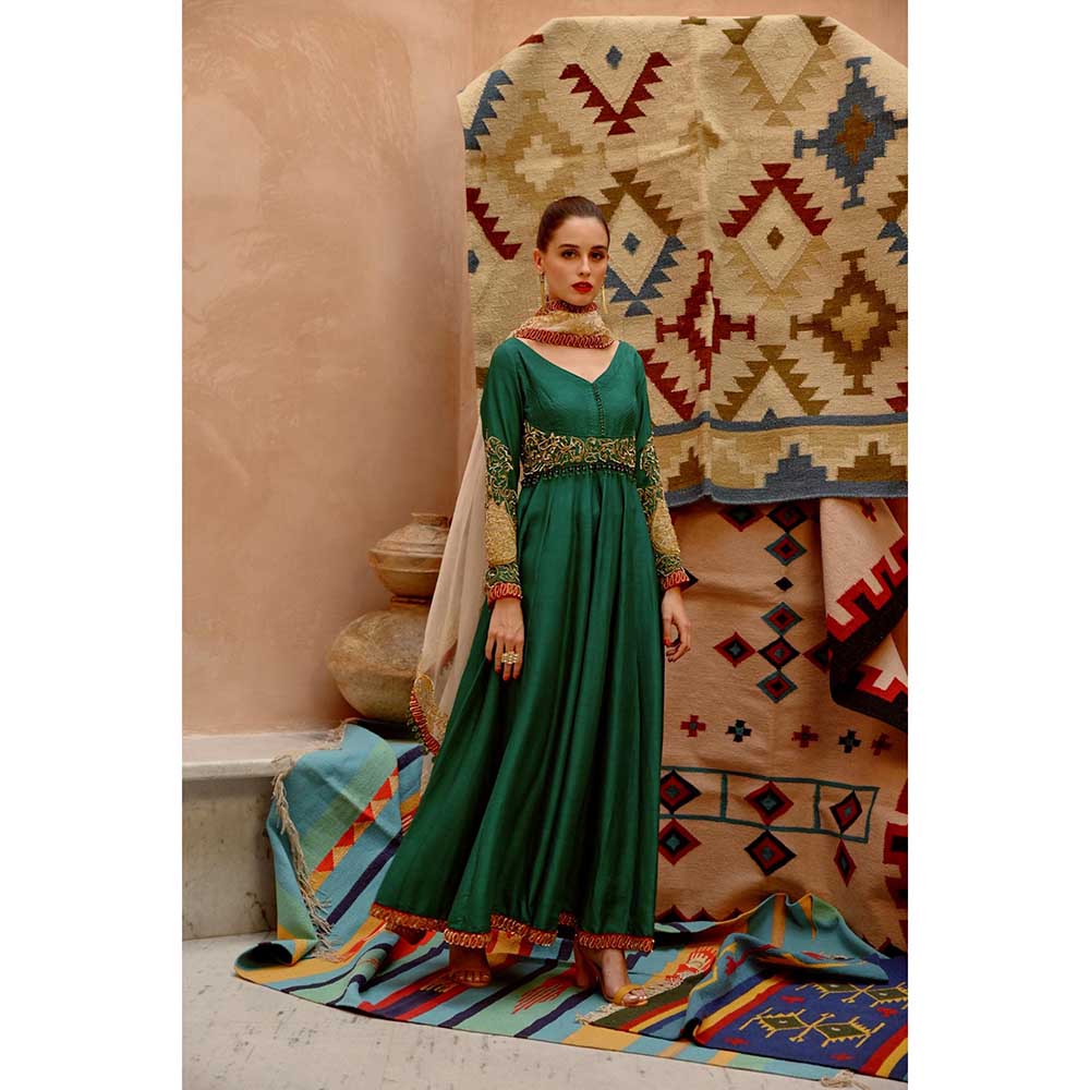 PALLAVI JAIPUR Emerald Green Anarkali Pant and Dupatta (Set of 3)