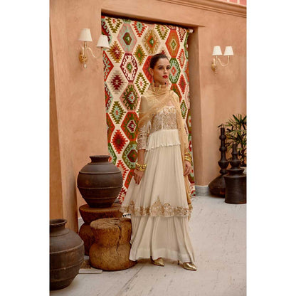 PALLAVI JAIPUR Ivory Tier Anarkali with Churidar Dupatta and Pant (Set of 3)