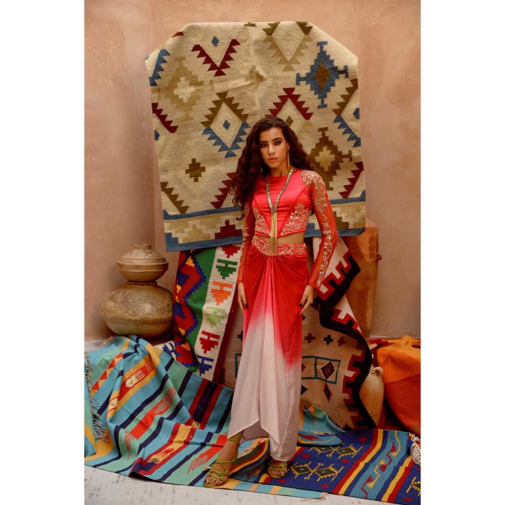 PALLAVI JAIPUR Hot Red Stretch Satin Crop Top with Ombre Drape Skirt (Set of 2)
