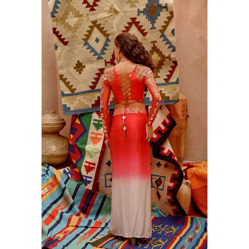 PALLAVI JAIPUR Hot Red Stretch Satin Crop Top with Ombre Drape Skirt (Set of 2)