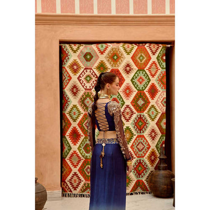 PALLAVI JAIPUR Cerulean Blue Stretch Satin Crop Top with Ombre Drape Skirt (Set of 2)