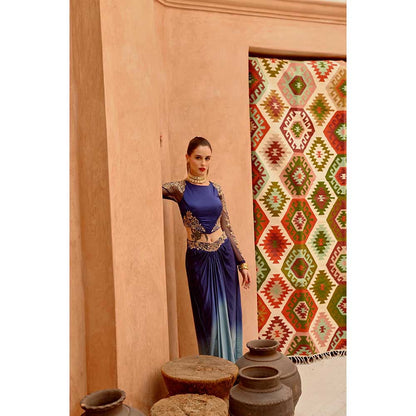 PALLAVI JAIPUR Cerulean Blue Stretch Satin Crop Top with Ombre Drape Skirt (Set of 2)