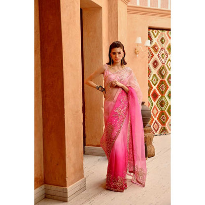 PALLAVI JAIPUR Rose Pink Ombre Saree and Stitched Blouse