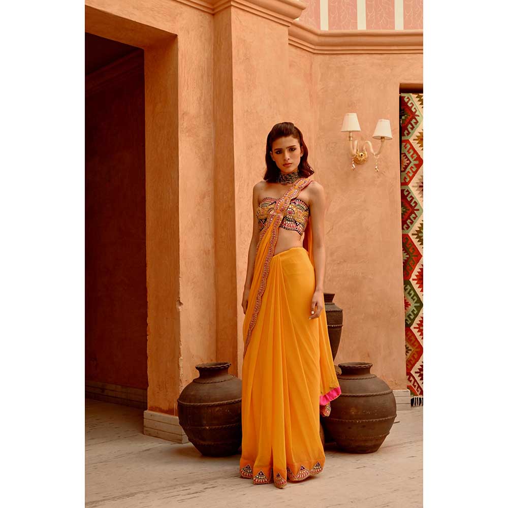 PALLAVI JAIPUR Yellow Saree with Pre-Stitched Palla and Pleats with Stitched Blouse