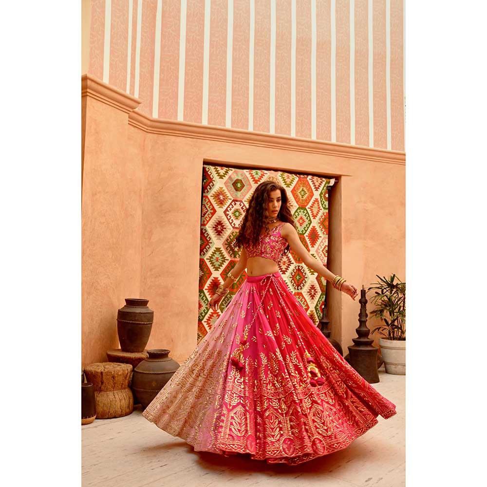 PALLAVI JAIPUR Hot Pink Ombre Queen Lehenga with Blouse and Cape (Set of 3)