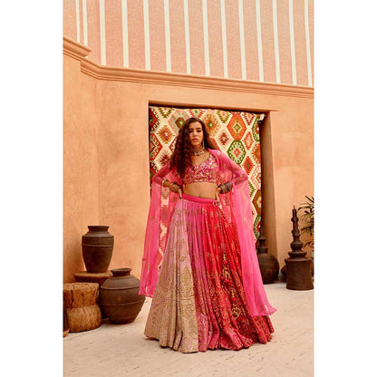PALLAVI JAIPUR Hot Pink Ombre Queen Lehenga with Blouse and Cape (Set of 3)