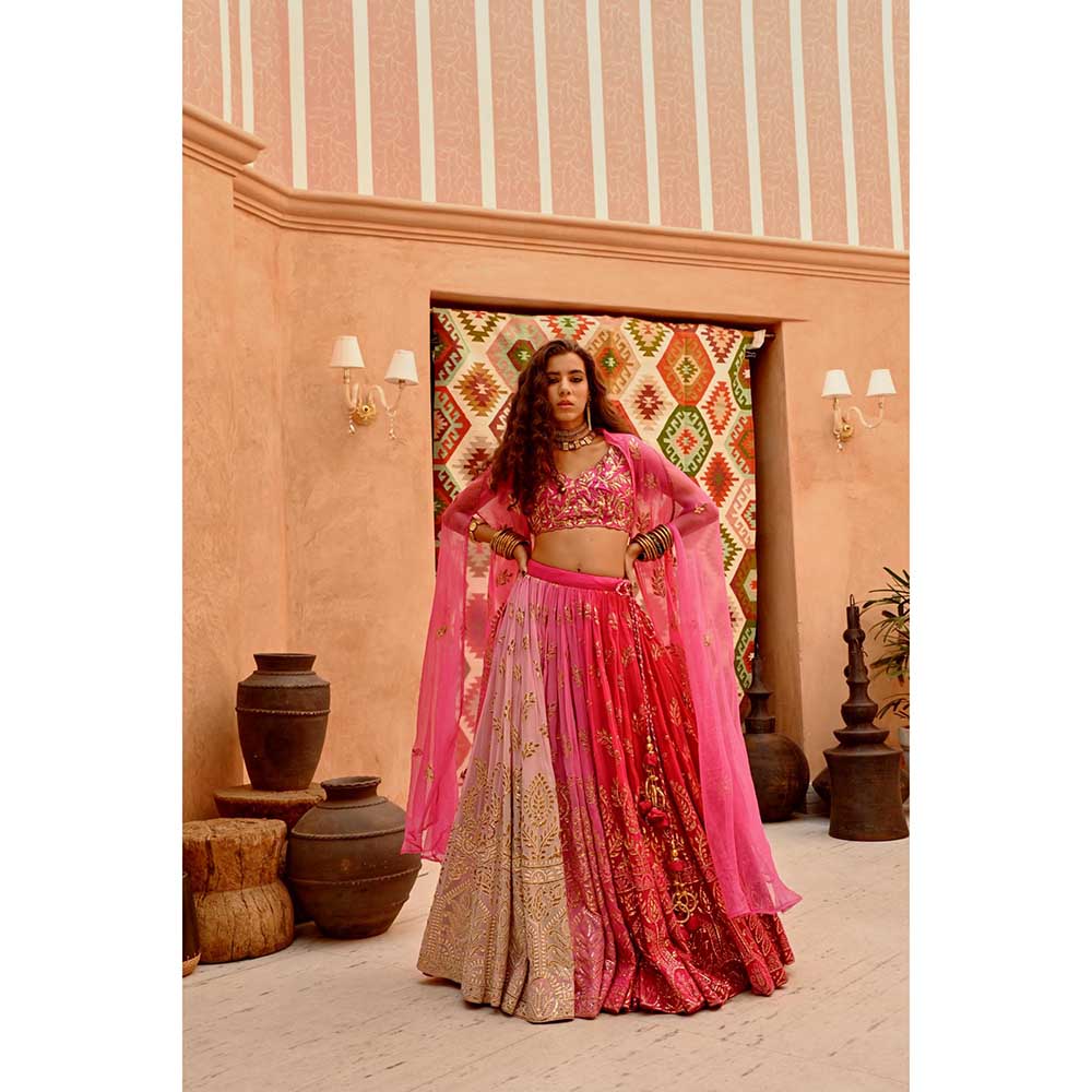 PALLAVI JAIPUR Hot Pink Ombre Queen Lehenga with Blouse and Cape (Set of 3)