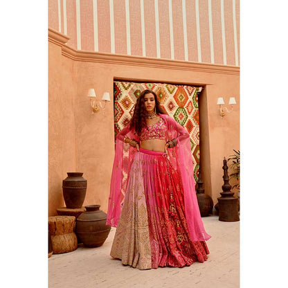 PALLAVI JAIPUR Hot Pink Ombre Queen Lehenga with Blouse and Cape (Set of 3)