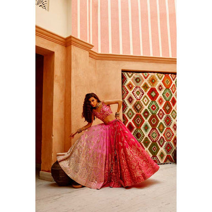 PALLAVI JAIPUR Hot Pink Ombre Queen Lehenga with Blouse and Cape (Set of 3)