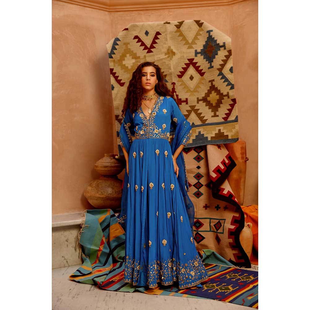 PALLAVI JAIPUR Cobalt Blue Front Open Anarkali with Pant and Dupatta (Set of 3)