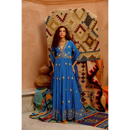 PALLAVI JAIPUR Cobalt Blue Front Open Anarkali with Pant and Dupatta (Set of 3)