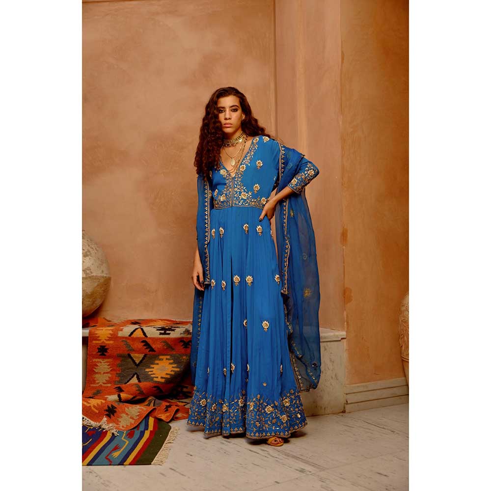 PALLAVI JAIPUR Cobalt Blue Front Open Anarkali with Pant and Dupatta (Set of 3)