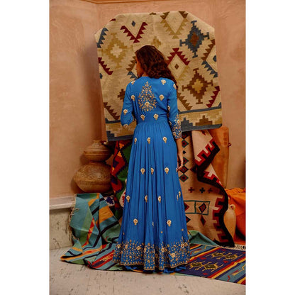 PALLAVI JAIPUR Cobalt Blue Front Open Anarkali with Pant and Dupatta (Set of 3)