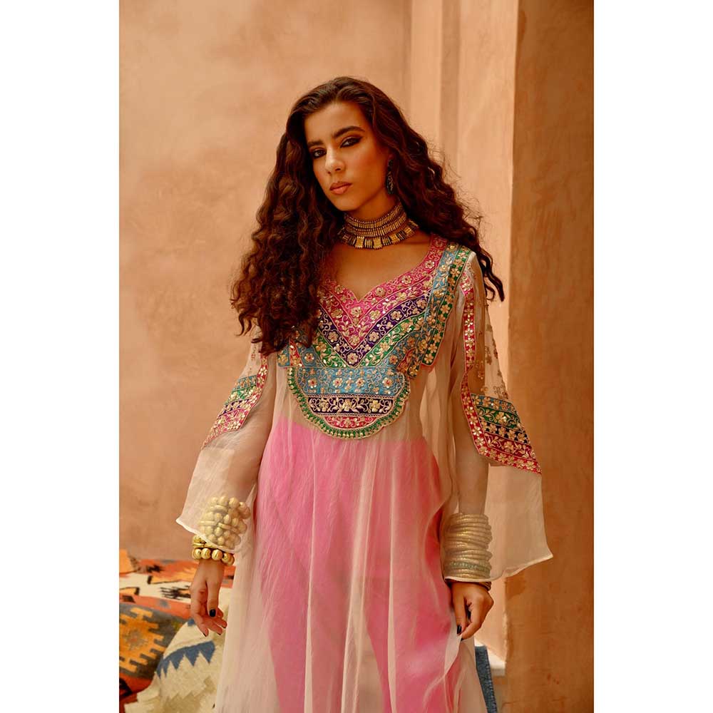 PALLAVI JAIPUR Ivory Sheer Anarkali with Short Kurti and Dorri Tassel Pant (Set of 3)