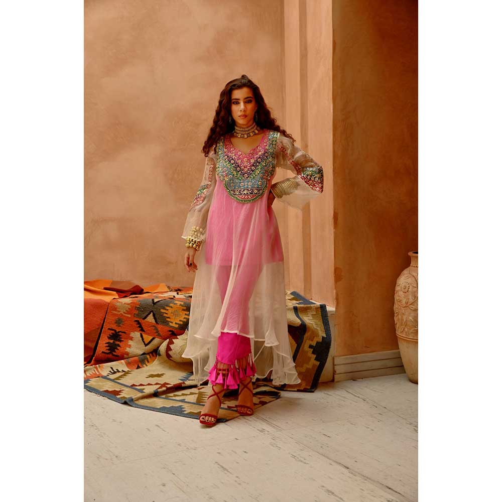 PALLAVI JAIPUR Ivory Sheer Anarkali with Short Kurti and Dorri Tassel Pant (Set of 3)