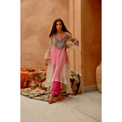 PALLAVI JAIPUR Ivory Sheer Anarkali with Short Kurti and Dorri Tassel Pant (Set of 3)