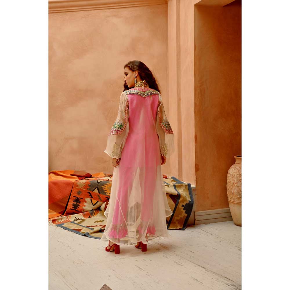 PALLAVI JAIPUR Ivory Sheer Anarkali with Short Kurti and Dorri Tassel Pant (Set of 3)