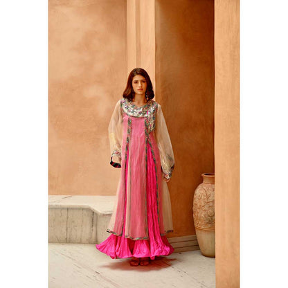 PALLAVI JAIPUR Ivory Sheer Front Slit Afghani Kurta with Crush Anarkali and Pant (Set of 3)