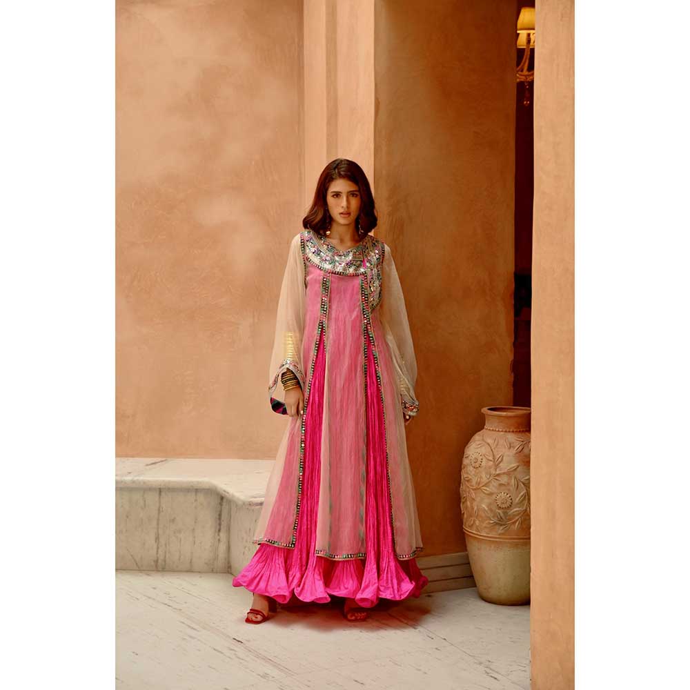 PALLAVI JAIPUR Ivory Sheer Front Slit Afghani Kurta with Crush Anarkali and Pant (Set of 3)