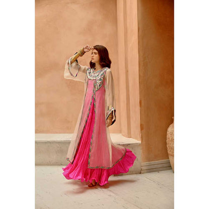 PALLAVI JAIPUR Ivory Sheer Front Slit Afghani Kurta with Crush Anarkali and Pant (Set of 3)