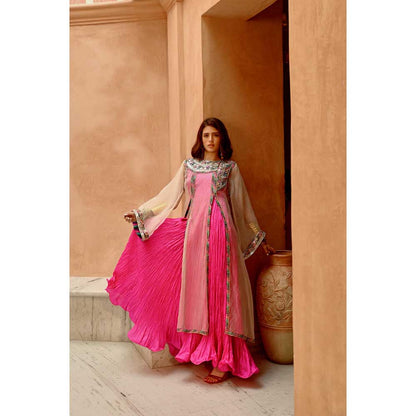 PALLAVI JAIPUR Ivory Sheer Front Slit Afghani Kurta with Crush Anarkali and Pant (Set of 3)